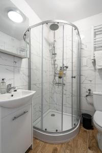 W łazience znajduje się prysznic i umywalka. w obiekcie RentPlanet - Studio Dworcowa we Wrocławiu