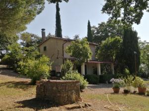 uma vista exterior de uma casa com árvores em Casetta in campagna. Bilocale con veranda em Scansano