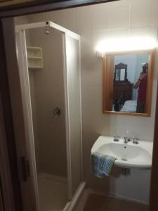 uma casa de banho com um lavatório, um chuveiro e um espelho. em Casetta in campagna. Bilocale con veranda em Scansano