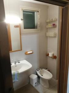 uma casa de banho com um lavatório, um WC e um espelho. em Casetta in campagna. Bilocale con veranda em Scansano