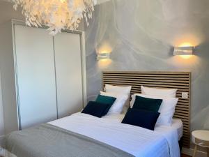 a bedroom with a large bed with blue pillows at Le 21 Favre, Hyper centre, 70 m², 2 chambres in Annecy