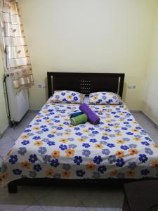 a bed with a floral comforter and two pillows at Villa Zerva in Leptokaria