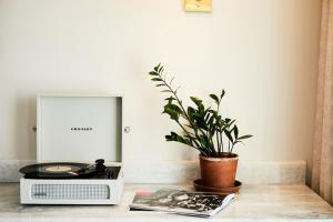 a plant sitting on a table next to a microwave at The Alida, Savannah, a Tribute Portfolio Hotel in Savannah