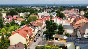 an aerial view of a town with houses at Mini apartament in Łańcut
