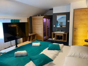 a large bedroom with a large bed with a television at Apartments with SAUNAS - Gobi in Podčetrtek