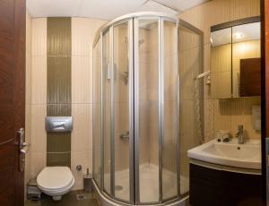 a bathroom with a shower and a toilet and a sink at Taksim full House in Istanbul +50 photos