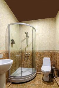 a bathroom with a shower and a toilet and a sink at Agata sunrise apartment in Megali Ammos