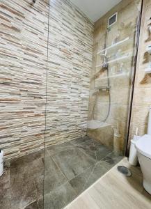 y baño con ducha de cristal y aseo. en Apartamento Torre Atalaya-Teatinos Malaga capital, en Málaga