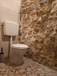 baño con aseo y pared de piedra en La casetta di Bianca en Sulmona