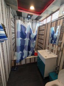 een badkamer met een douchegordijn en een wastafel bij THE Bombay Heritage Group of House boat in Srinagar
