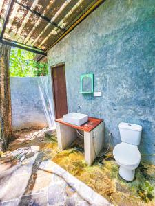 a bathroom with a white toilet and a sink at Birds Paradise Inn in Udawalawe