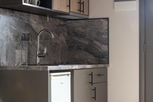 a kitchen with a sink and a counter at Erifili at Sarti Beach Apartments & Studios in Sarti +42 photos