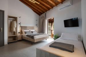 a bedroom with two beds and a flat screen tv at Erifili at Sarti Beach Apartments & Studios in Sarti