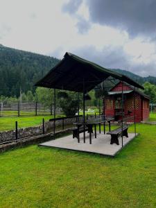 a picnic shelter with benches and tables in a field at Svitlana in Tatariv