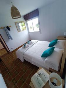 a bedroom with a large bed with blue pillows at La Cruz del Sur in Sanxenxo