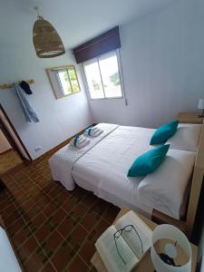 a bedroom with a large bed with blue pillows at La Cruz del Sur - "ONS" in Sanxenxo
