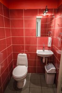 baño de azulejos rojos con aseo y lavamanos en Veldzes Nams Family room en Ventspils