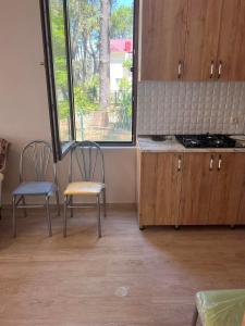 kuchnia z 2 krzesłami, kuchenką i oknem w obiekcie Villa Premium Shekvetili w mieście Shekhvetili