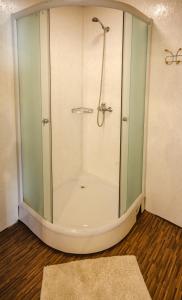 y baño con ducha y puerta de cristal. en Veldzes Nams Family room en Ventspils