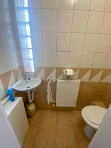 a bathroom with a toilet and a sink at Hajnal Vendégház in Hajdúszoboszló