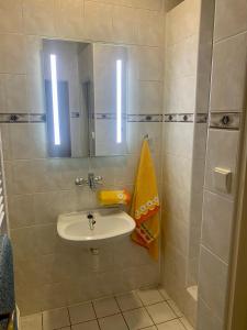 y baño con lavabo y espejo. en Penzion Ludor en Strážnice
