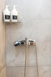 a shower in a bathroom with two soap bottles at Escape in Tinos in Tinos