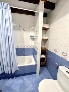 baño azul con bañera y aseo en Apartamentos Nel I, en Santillana del Mar