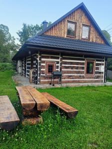 a log cabin with a picnic table in front of it at Zagroda Miodowa agroturystyka w Bieszczadach in Komańcza