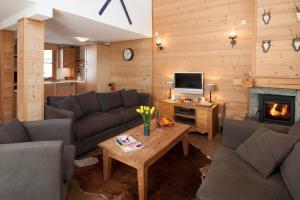 a living room with couches and a television and a fireplace at Powder Ridge - 6 bedroom chalet with hot tub in Tignes