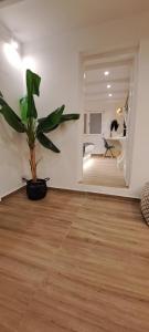 una sala de estar con una maceta en el suelo en Amerisa Suites & Villa en Fira