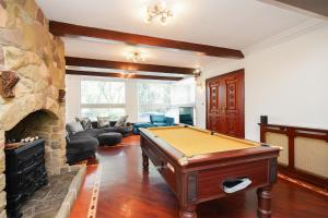 a living room with a pool table and a stone fireplace at Spa home with pool sauna hottub & cocktail bar in Sheffield
