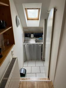 einen Blick über eine kleine Küche mit einem Kühlschrank in der Unterkunft Podkrovní apartmán in Olomouc