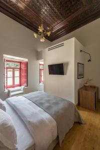 a bedroom with a large bed and a tv at FOS Hydra residence in Hydra