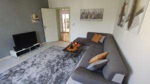 ein Wohnzimmer mit einem Sofa und einem TV in der Unterkunft AP apartment in Mostar