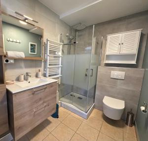 een badkamer met een douche, een wastafel en een toilet bij Superbe appartement ensoleillé - Vue mer, Clim et Parking in Villeneuve-Loubet