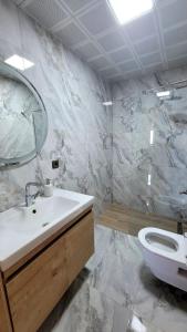 トラブゾンにあるHale Abla Apart Evleriのバスルーム(洗面台、鏡、トイレ付)