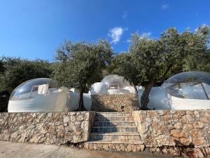 un grupo de cúpulas con árboles en el fondo en La Perle Palase, en Palasë