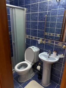 W wyłożonej niebieskimi kafelkami łazience znajduje się toaleta i umywalka. w obiekcie KARTAL APART w mieście Pelitli