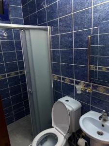 Baño de azulejos azules con aseo y lavamanos en KARTAL APART, en Pelitli