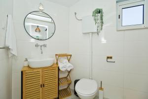 a bathroom with a toilet and a sink and a mirror at Robinson house T'n'T in Hvar