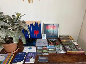 uma mesa coberta com livros e uma planta em vasos em KOLKHETI JIBO Beach em Grigoleti