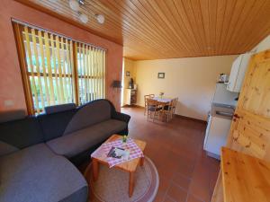ein Wohnzimmer mit einem Sofa und einem Tisch in der Unterkunft Feriendorf Fuchsberg in Schirgiswalde