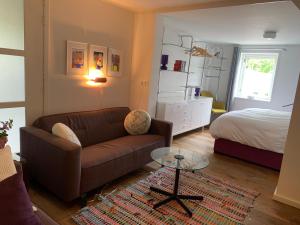 Luxury Guest House - Eik aan de dijk في Aalst: غرفة معيشة مع أريكة وسرير
