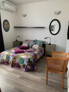 um quarto com uma cama, uma cadeira e um espelho em Appartement dans maison d'artiste em Lunel