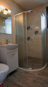 uma casa de banho com um chuveiro, um WC e um lavatório. em вила Ема Балчик - villa Ema Balchik em Balchik