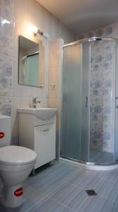 ein Badezimmer mit Dusche, Toilette und Waschbecken in der Unterkunft вила Ема Балчик - villa Ema Balchik in Baltschik + 50 Fotos