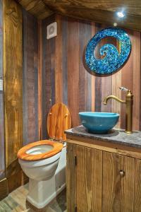a bathroom with a toilet and a blue sink at Finest Retreats - Driftwood in Poundstock