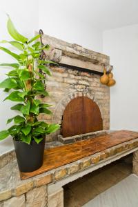 a potted plant sitting on a wooden bench with a fireplace at Robinson house T'n'T in Hvar