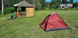 una tenda rossa seduta sull'erba accanto a un gazebo di A&G Sodyba camp ąžuolų pavėsyje a Plungė Altre 7 foto