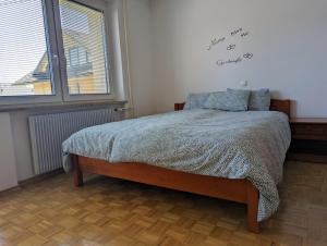 a bedroom with a bed in a room with a window at Domen's cozy rentals in Kranj